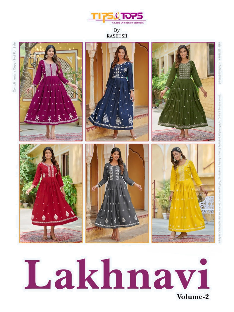 Tips And Tops Lakhnavi Vol 2 Rayon Thread Embroidery Work Gown Style Kurtis
