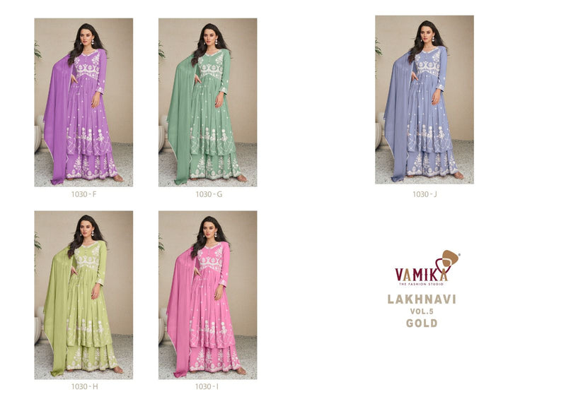 Vamika Lakhnavi Vol 5 Gold Rayon Beautiful Lakhnavi Designer Ready Made Suits