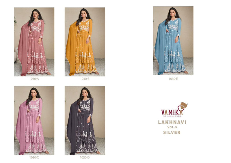 Vamika Lakhnavi Vol 5 Silver Rayon Beautiful Thered Work Designer Ready Made Suits
