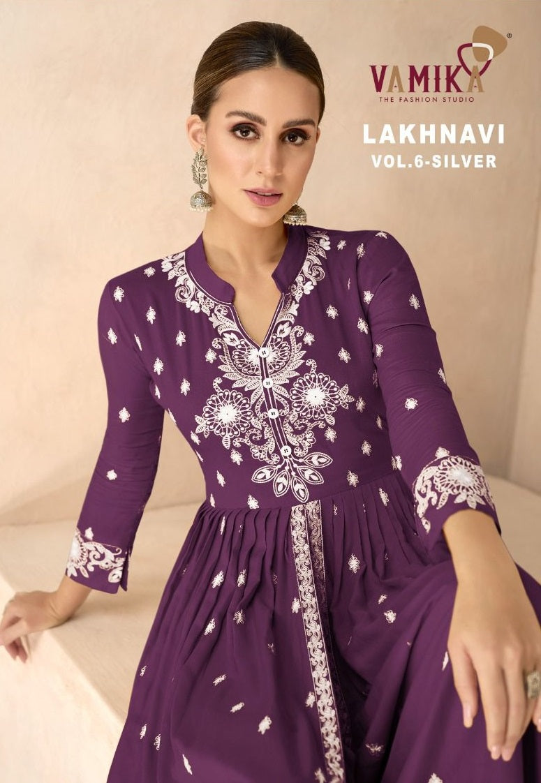 Vamika Lakhnavi Vol 6 Silver Rayon Fancy Thread Work Plazzo Suit Collection