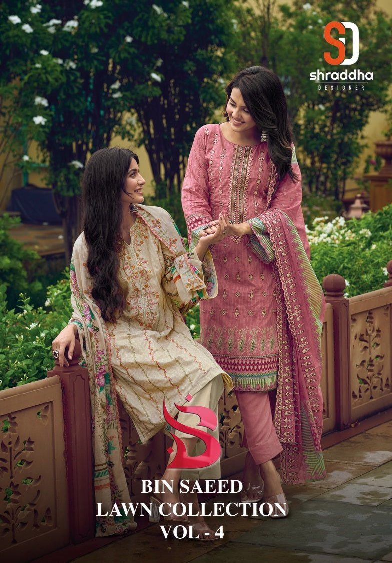 Sharaddha Designer Bin Saeed Lawn Collection Vol 4 Printed Lawn Cotton With Embroidery Work Suits