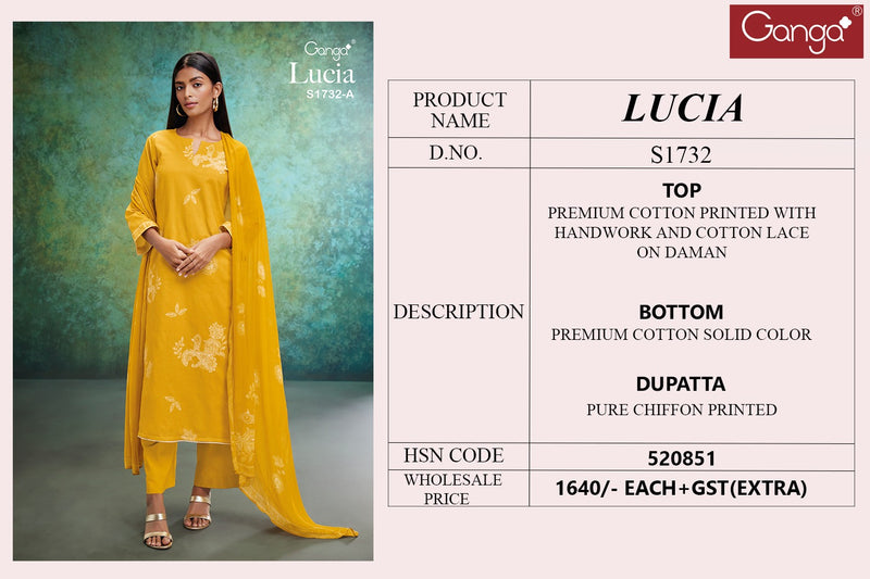 Ganga Lucia 1732 Cotton Printed With Fancy Hand Work Designer Suits