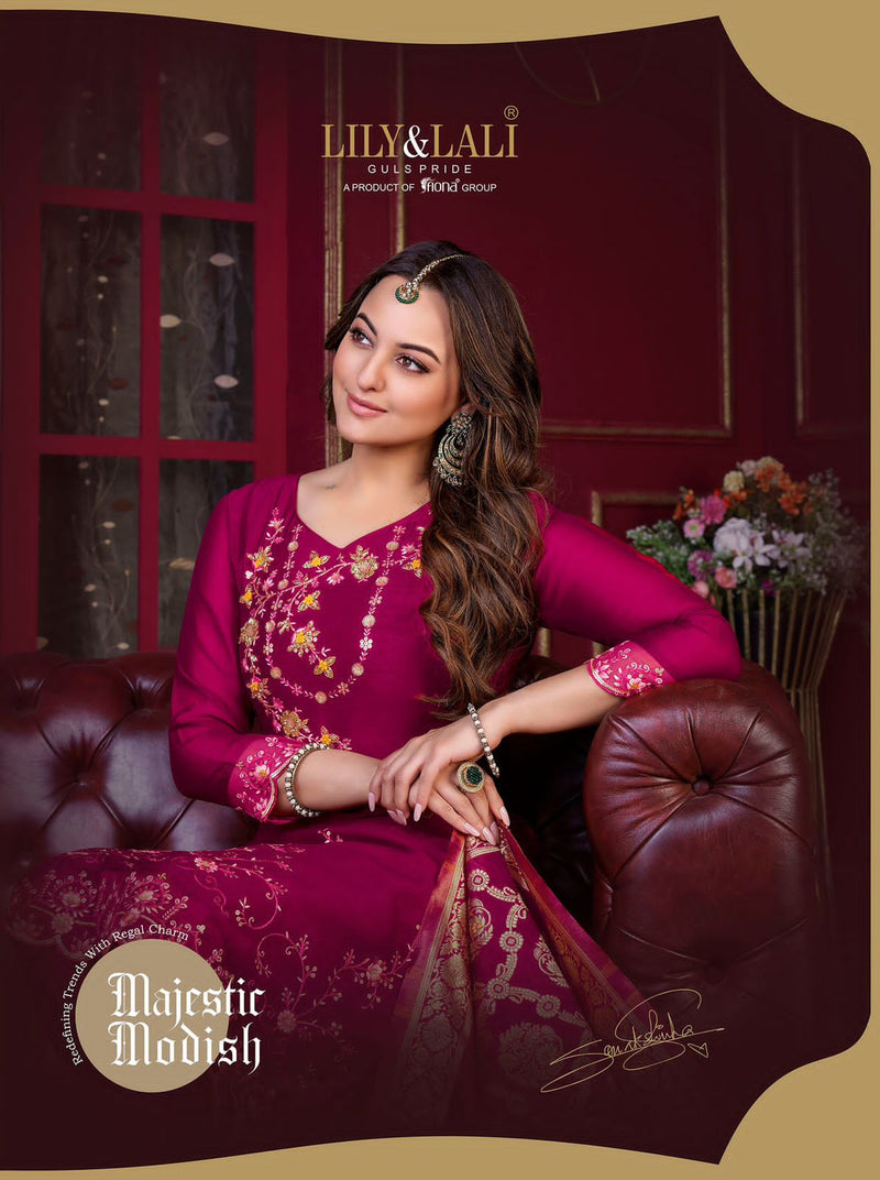 Lily And Lali Majestic Modish Vichitra Silk With Beautiful Embroidery Designer Ready Made Suits