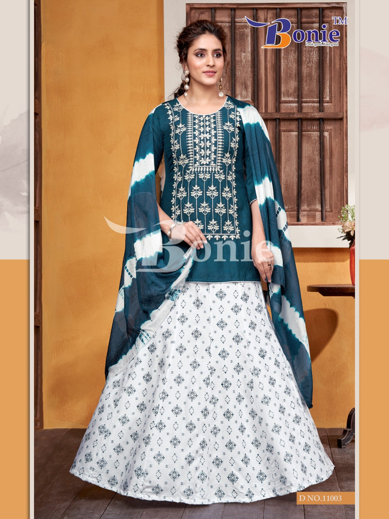 Bonie Meera Vol 11 Rayon Embroidery Work Kurti With Skirt & Dupatta