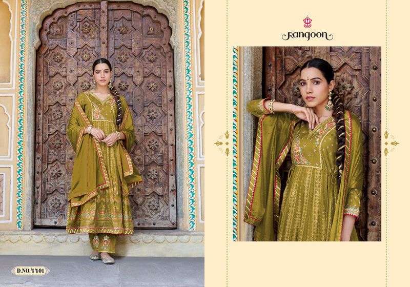 Rangoon Morpankh Rayon Print With Fancy Hand Work Designer Ready Made Suits