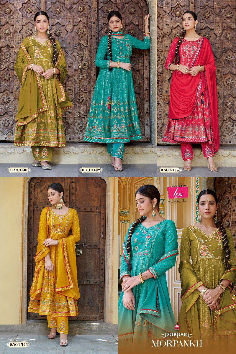 Rangoon Morpankh Rayon Print With Fancy Hand Work Designer Ready Made Suits