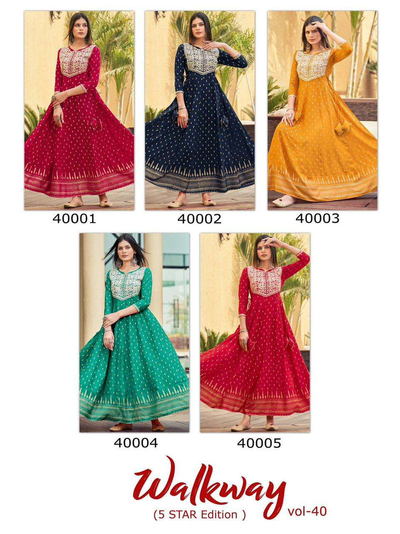 Maa Gurujee Walkway Vol 40 Rayon Foil Print Fancy Long Gowns