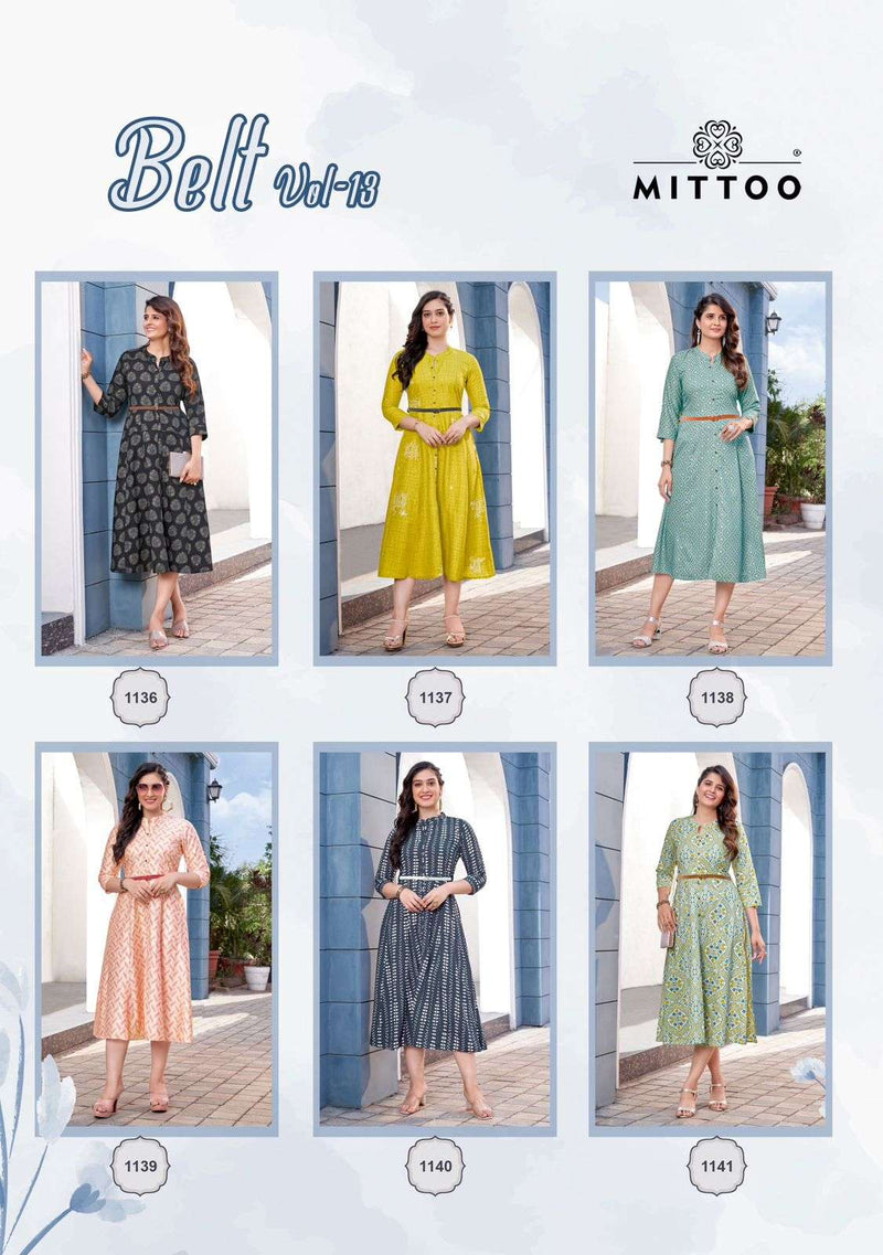 Mittoo Belt Vol 13 Rayon Print Fancy Stylish Wear Designer Kurti Collection