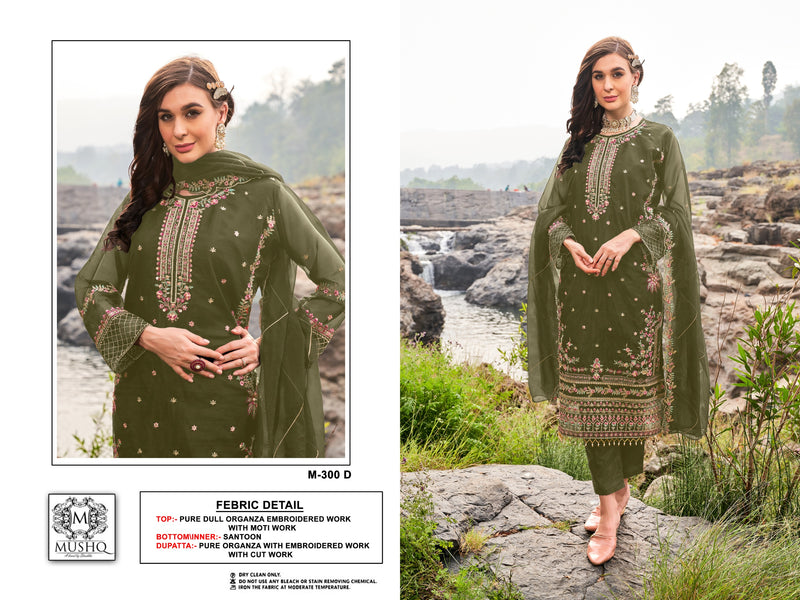 Mushq M 300 Pure Organza Embroidered Khatli Work Salwar Suit