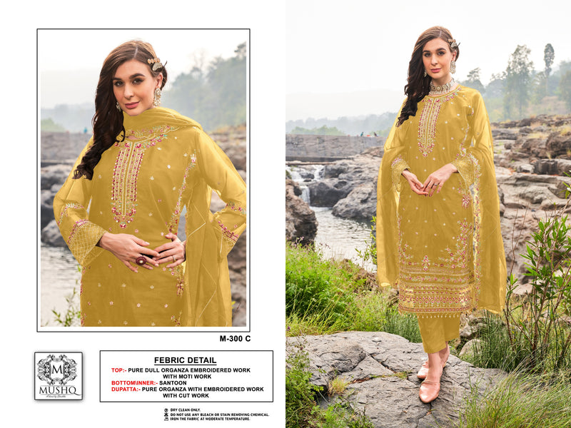 Mushq M 300 Pure Organza Embroidered Khatli Work Salwar Suit