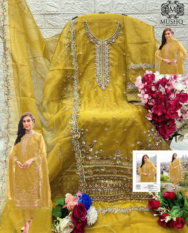 Mushq M 300 Pure Organza Embroidered Khatli Work Salwar Suit