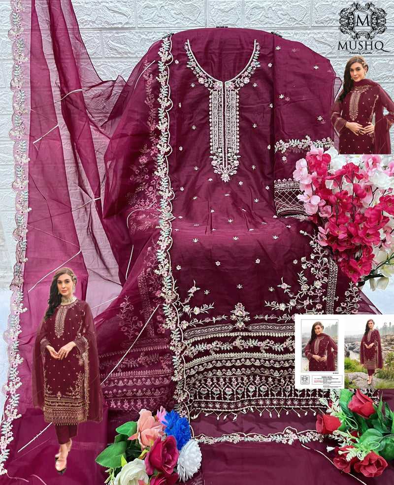 Mushq M 300 Pure Organza Embroidered Khatli Work Salwar Suit