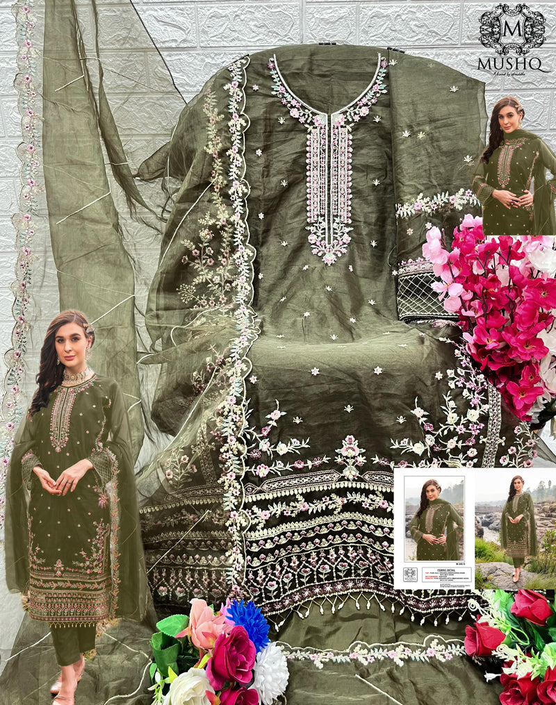 Mushq M 300 Pure Organza Embroidered Khatli Work Salwar Suit