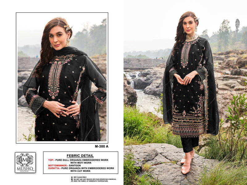 Mushq M 300 Pure Organza Embroidered Khatli Work Salwar Suit