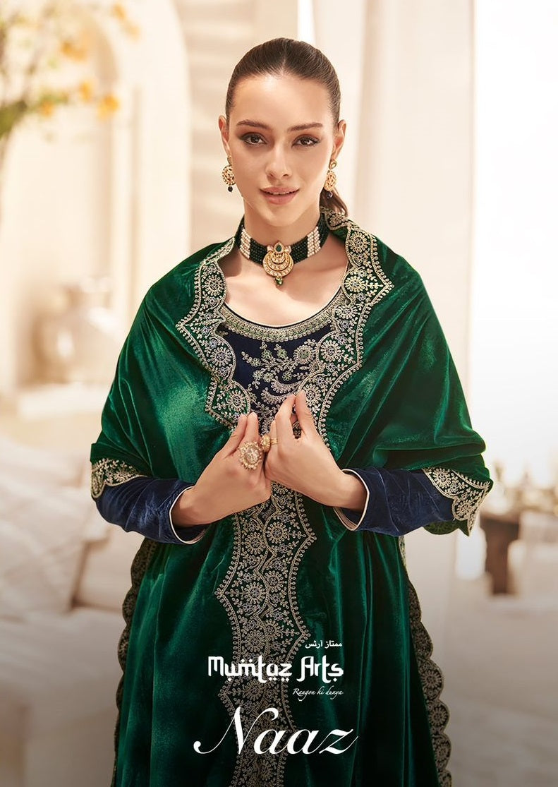 Mumtaz Arts Naaz Velvet Designer Heavy Work Neck Suits Collection