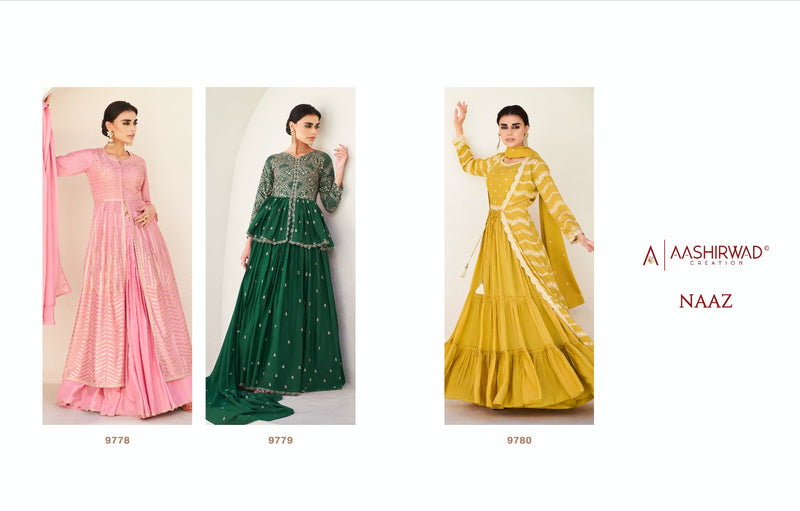 Aashirwad Creation Naaz Chinon Silk Heavy Embroidery Designer Suit Collection