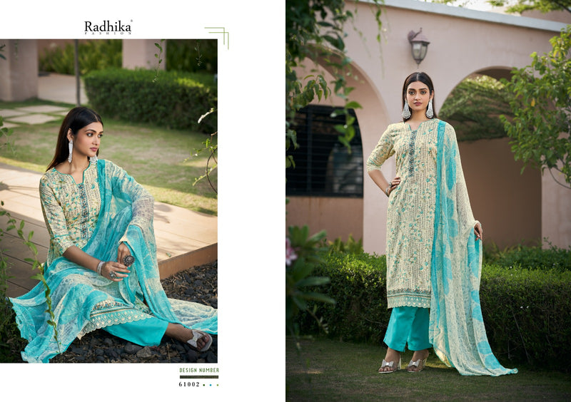 Radhika Fashion Azara Naira Cotton Fancy Prints With Embroidery Work Suits