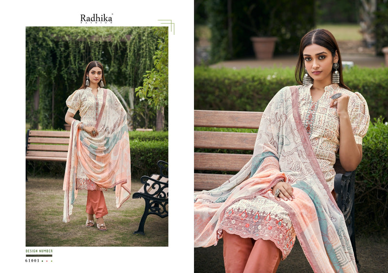 Radhika Fashion Azara Naira Cotton Fancy Prints With Embroidery Work Suits