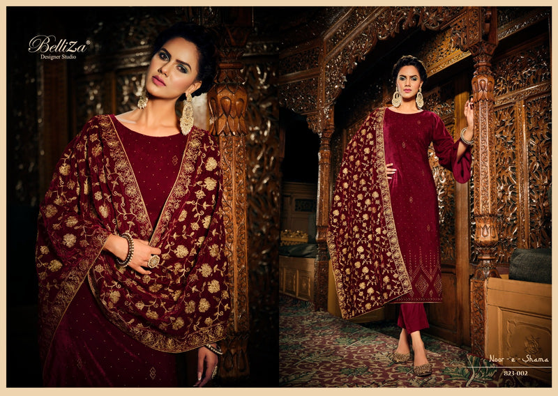 Belliza Designer Studio Noor E Shama Velvet Embroidery Work Suit Collection