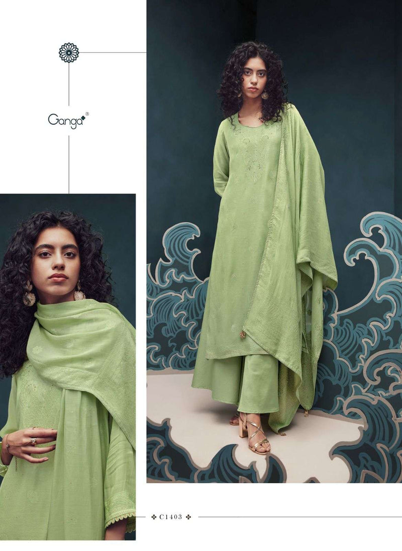 Ganga Orphic Viscose Silk Jacquard With Fancy Hand Work Designer Suits