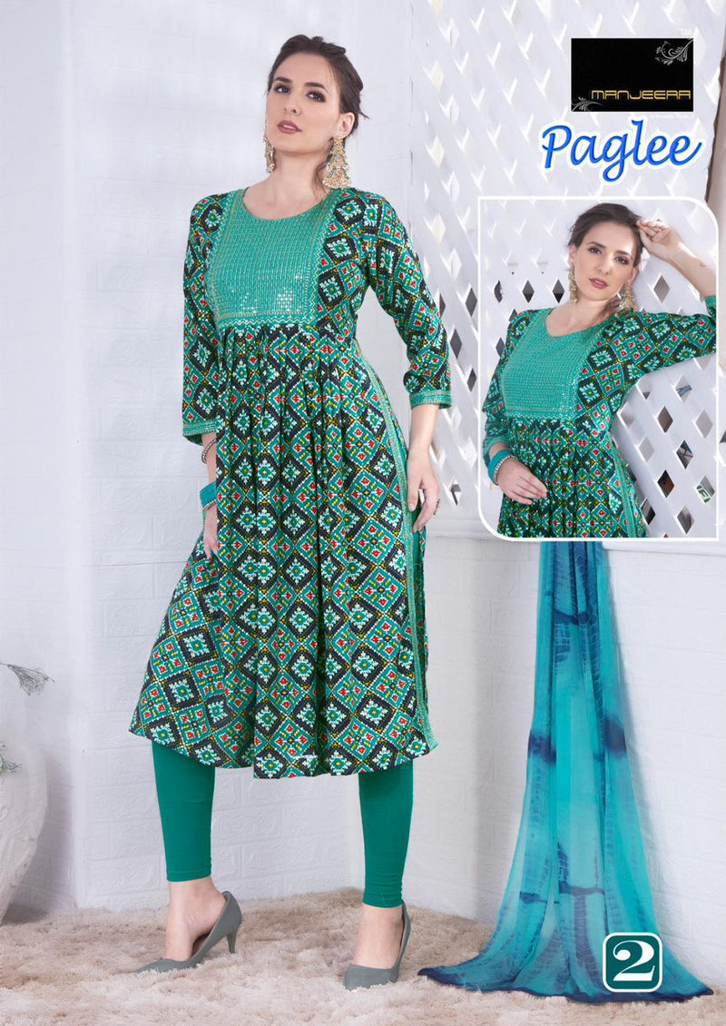 Manjeera Fashion Paglee Rayon Foil Prints Nyra Cut Fancy Kurti Combo Set