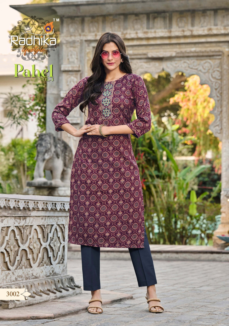 Radhika Lifestyle Pahel Vol 3 Rayon Printed Work Fancy Daily Wear  Kurti