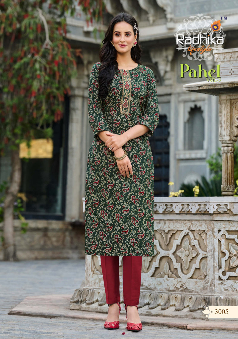Radhika Lifestyle Pahel Vol 3 Rayon Printed Work Fancy Daily Wear  Kurti