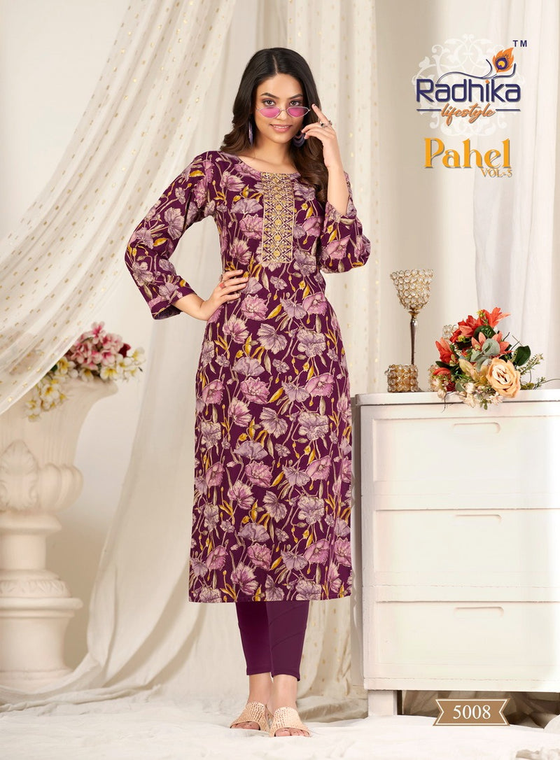 Radhika Lifestyle Pahel Vol 5 Rayon Print With Work Straight Kurtis