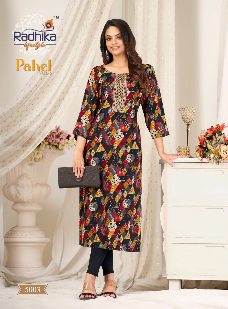 Radhika Lifestyle Pahel Vol 5 Rayon Print With Work Straight Kurtis