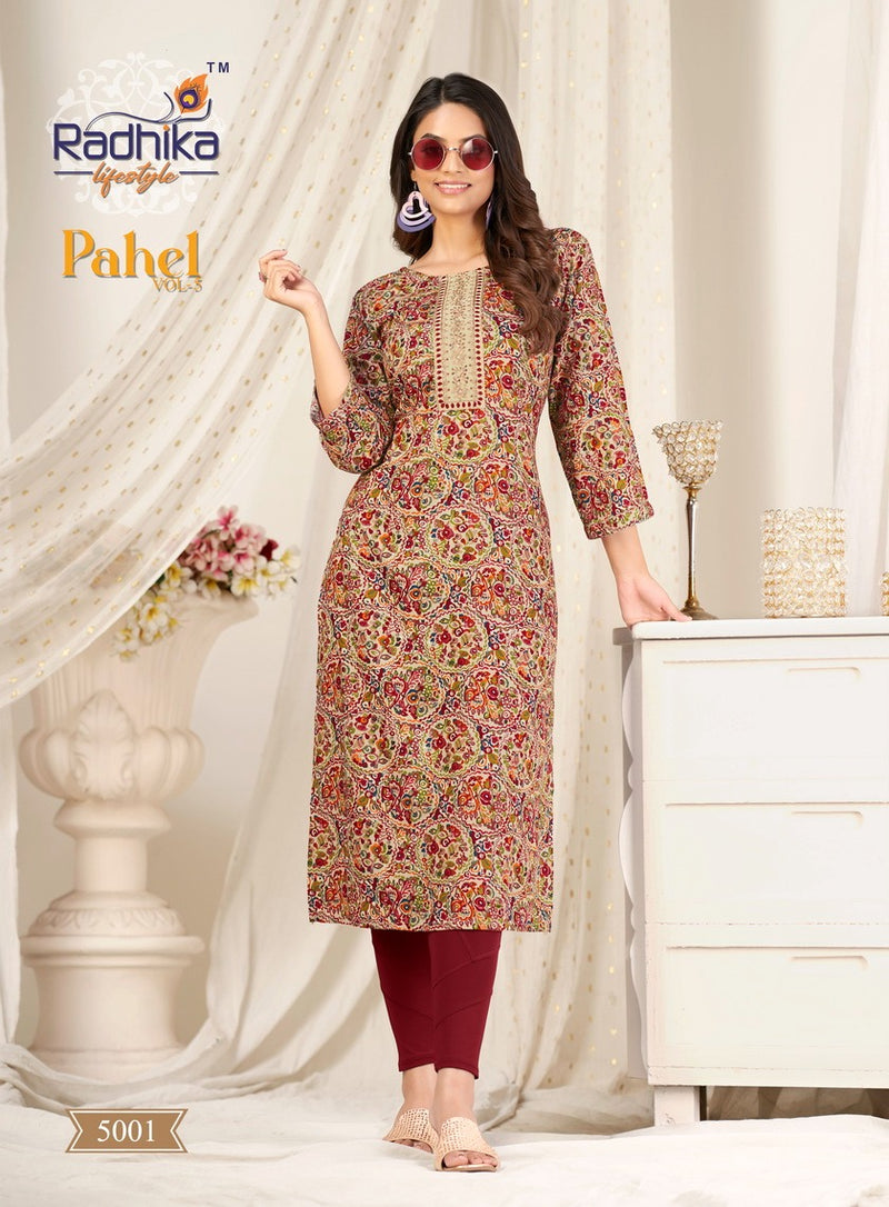 Radhika Lifestyle Pahel Vol 5 Rayon Print With Work Straight Kurtis