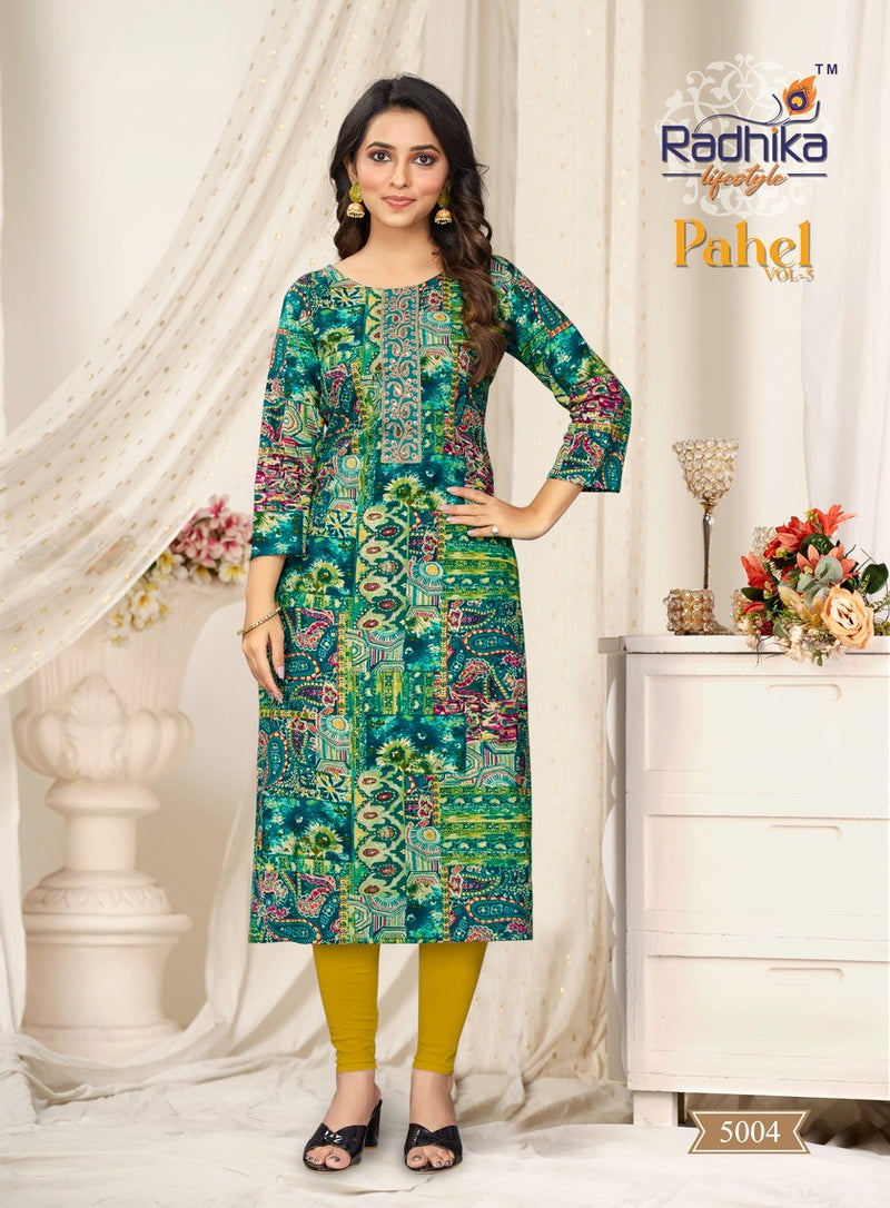 Radhika Lifestyle Pahel Vol 5 Rayon Print With Work Straight Kurtis