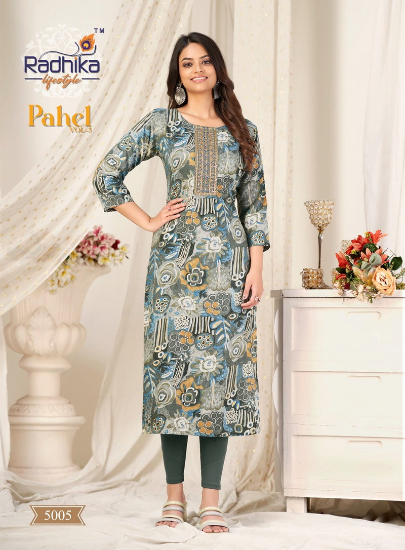 Radhika Lifestyle Pahel Vol 5 Rayon Print With Work Straight Kurtis