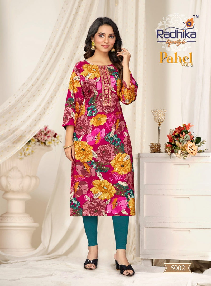 Radhika Lifestyle Pahel Vol 5 Rayon Print With Work Straight Kurtis