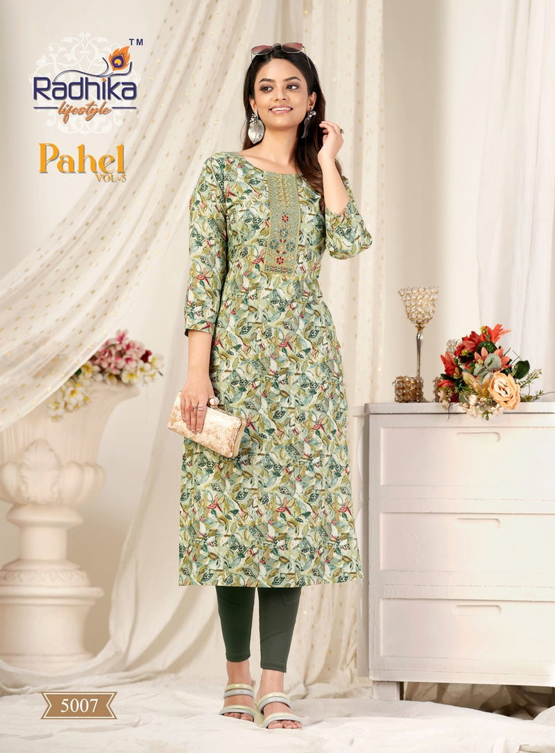 Radhika Lifestyle Pahel Vol 5 Rayon Print With Work Straight Kurtis