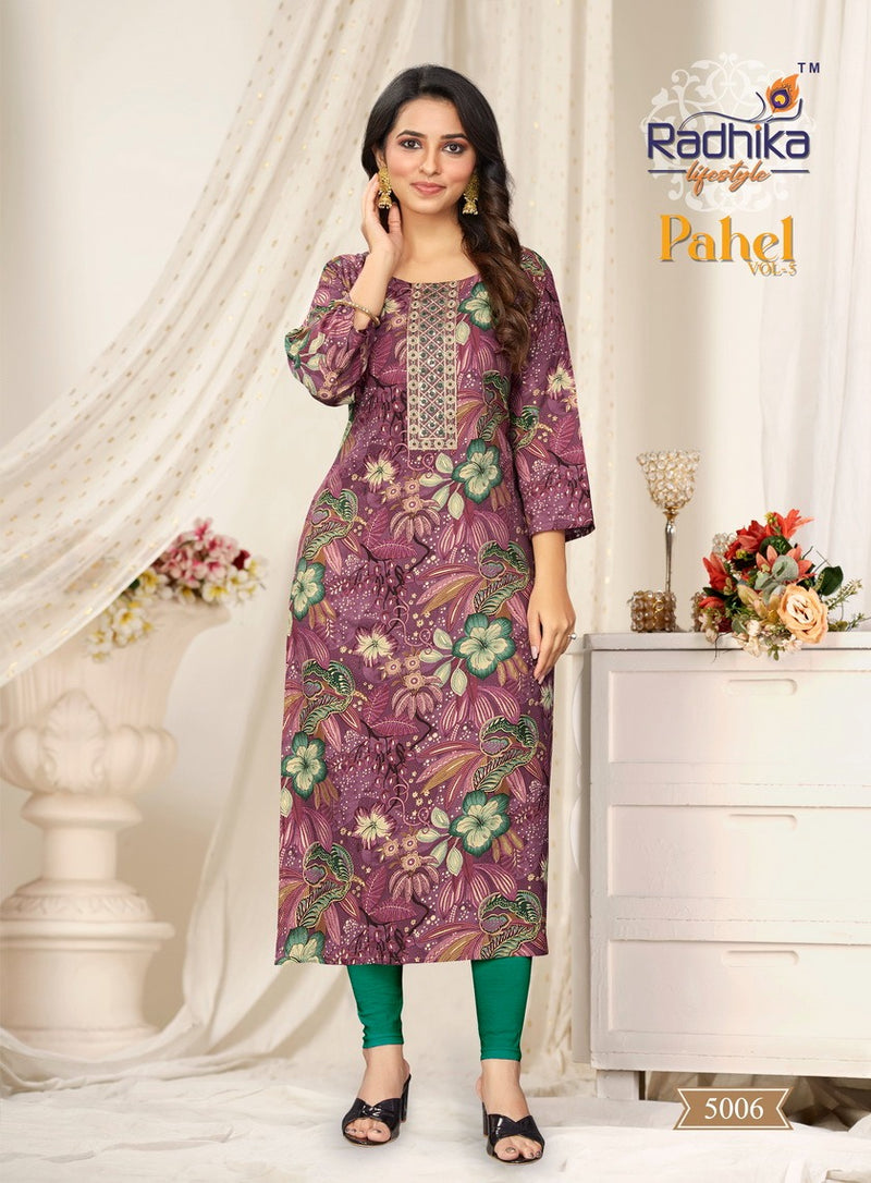 Radhika Lifestyle Pahel Vol 5 Rayon Print With Work Straight Kurtis