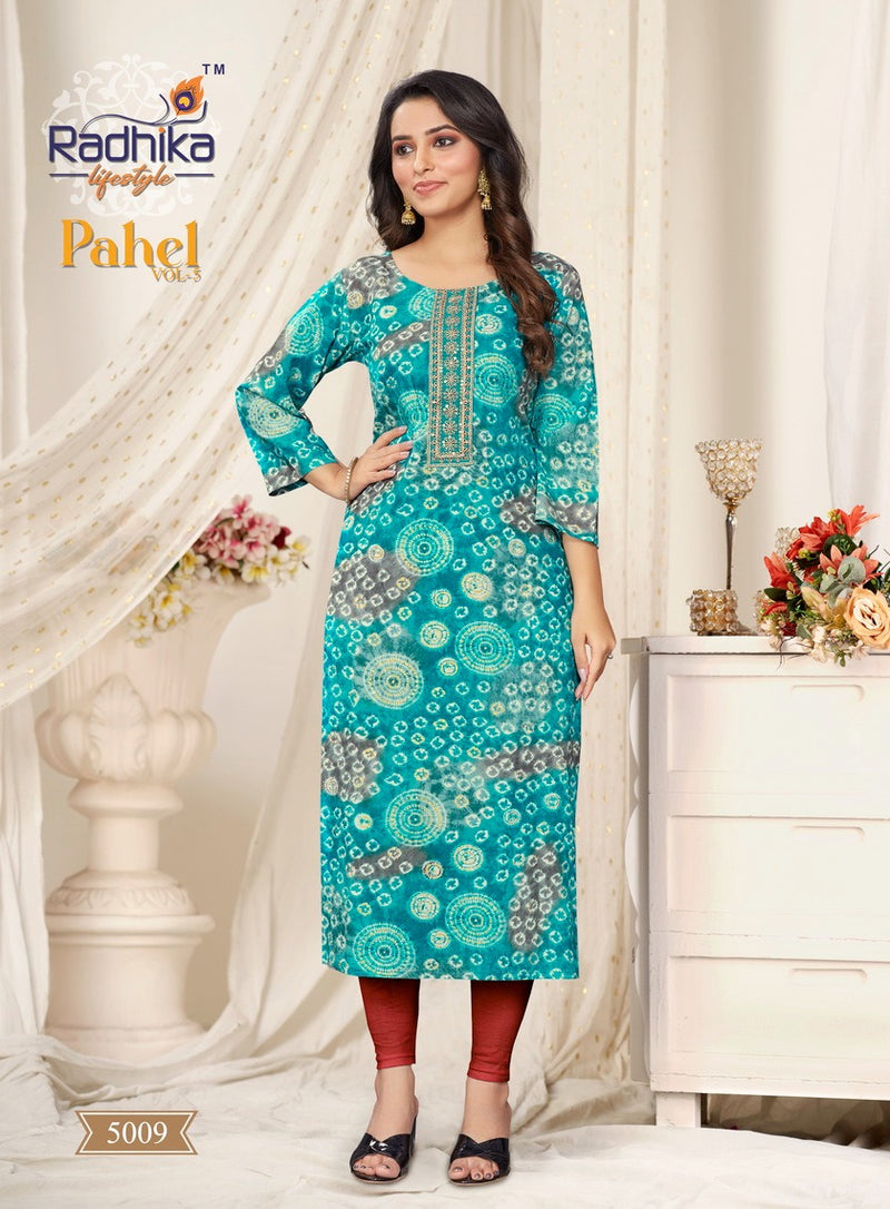 Radhika Lifestyle Pahel Vol 5 Rayon Print With Work Straight Kurtis