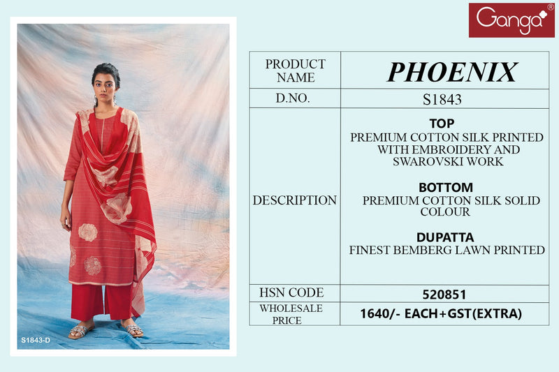 Ganga Phoenix 1843 Cotton Silk Printed With Embroidery And Swarovski Work Suits