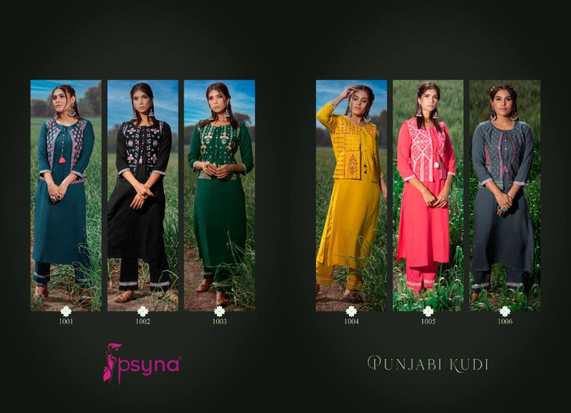 Psyna Punjabi Kudi Rayon Fancy Kurtis With Hand Work Jackets And Bottom