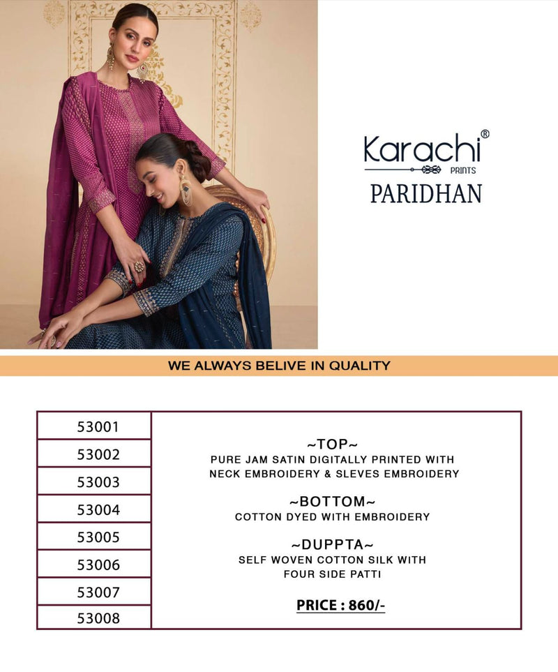 Kesar Karachi Prints Paridhan Jam Satin Digital Print With Fancy Embroidery Work Suits