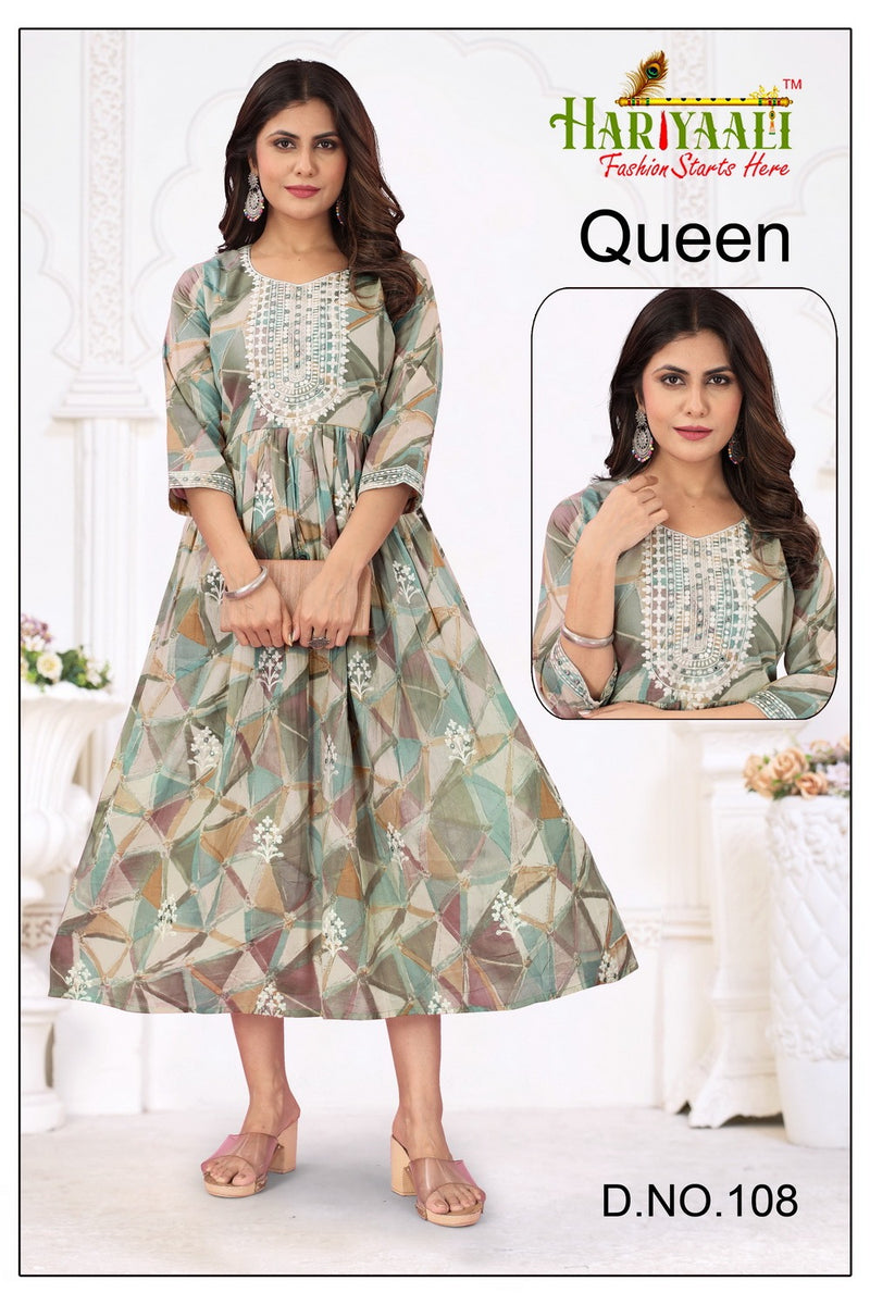 Hariyaali Queen Cotton Mal Foil Print With Fancy Neck Work Gown Kurtis