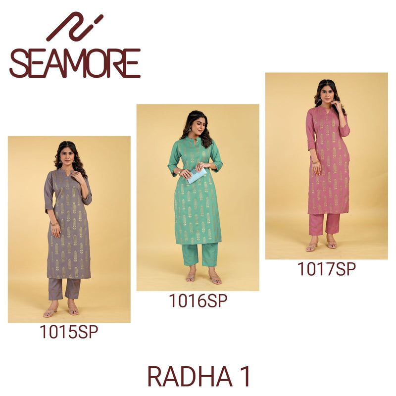 Seamore Radha Vol 1 Cotton Foil Printed Regular Wear Fancy Kurti With Pant