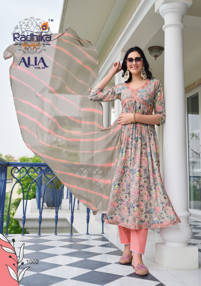 Radhika Lifestyle Alia Vol 1 Foil Print Embroidery Work Fancy Designer Partywear Kurti