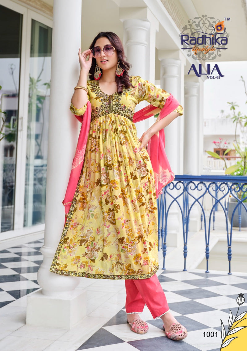 Radhika Lifestyle Alia Vol 1 Foil Print Embroidery Work Fancy Designer Partywear Kurti