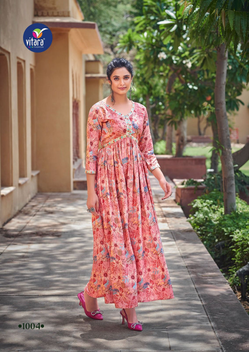 Vitara Fashion Raghini Printed Rayon With Fancy Designer Long Alia Cut Gowns