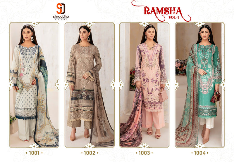 sharaddha Designer Ramsha Vol 1 Lawn Cotton Printed With Heavy Embroidery Work Suits