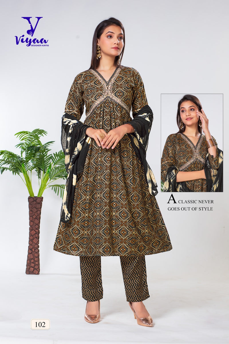 Viyaa Designer Rangmanch Rayon Capsul Foil Print Designer Alia Pattern Kurti Pant With Dupatta Set