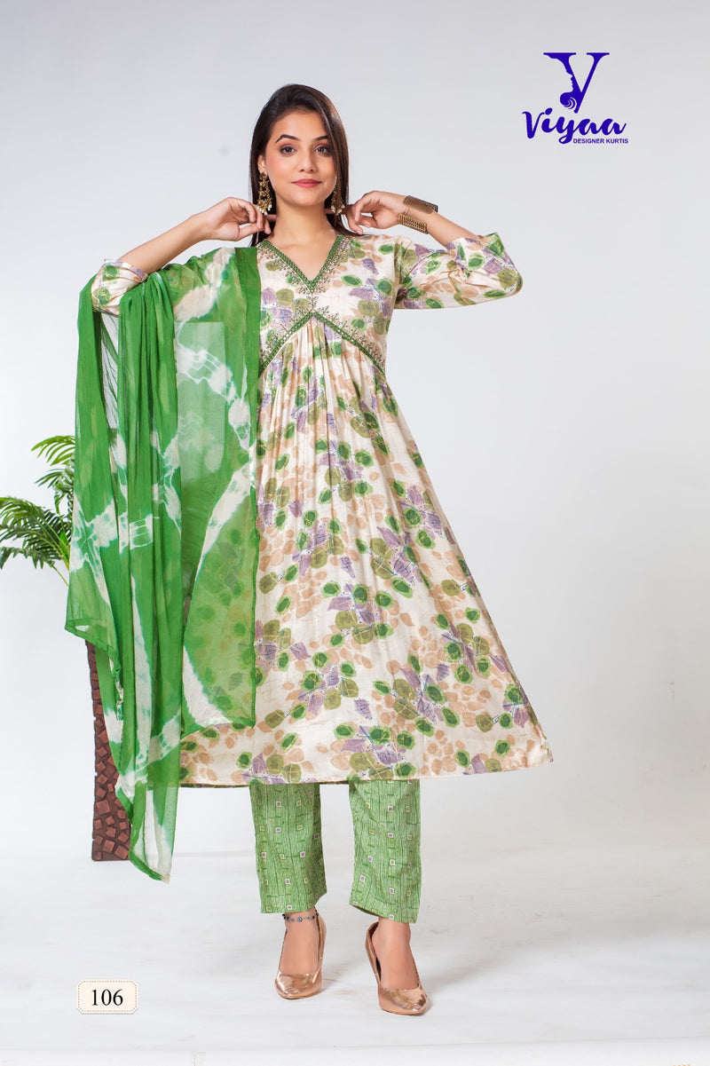 Viyaa Designer Rangmanch Rayon Capsul Foil Print Designer Alia Pattern Kurti Pant With Dupatta Set