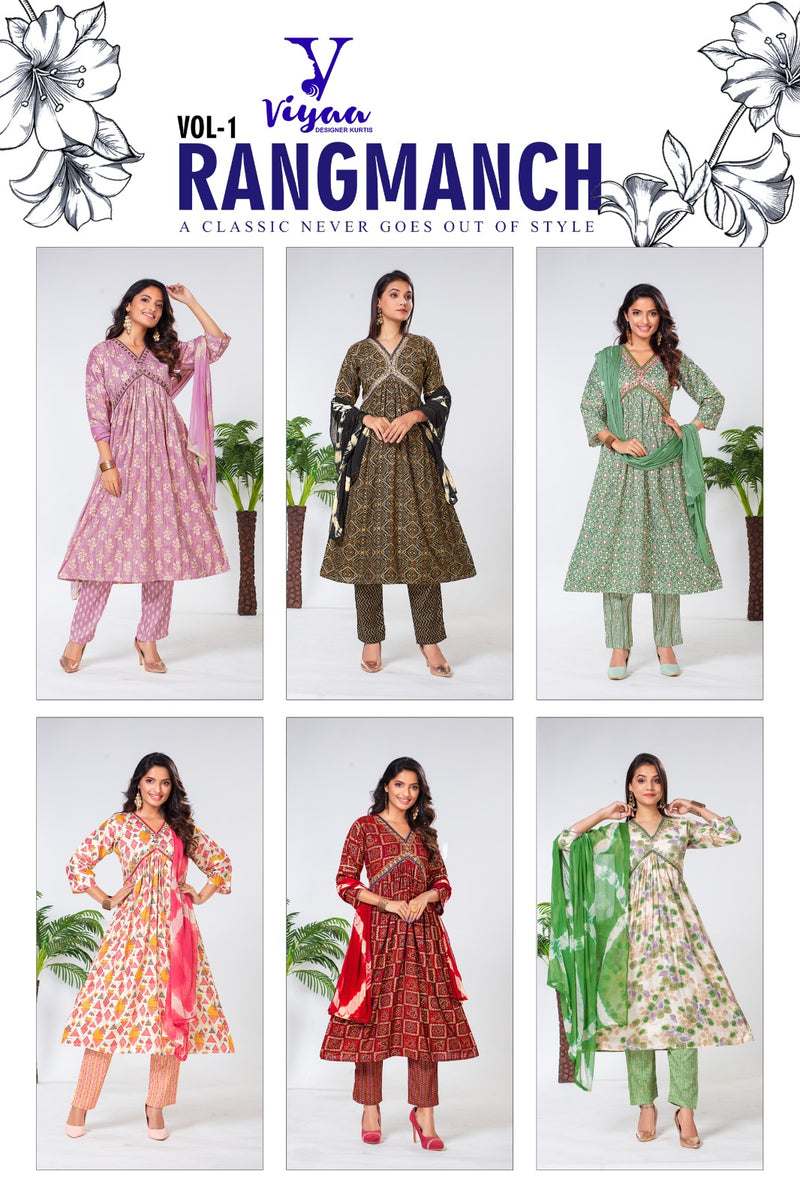 Viyaa Designer Rangmanch Rayon Capsul Foil Print Designer Alia Pattern Kurti Pant With Dupatta Set