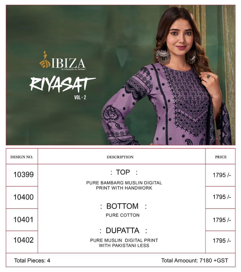 Ibiza Riyasat Vol 2 Muslin Digital Print With Hand Work Designer Fancy Suits