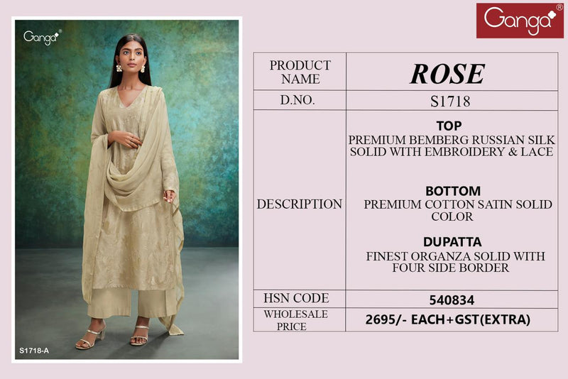 Ganga Rose 1718 Russian Silk With Embroidery Designer Fancy Salwar Suits